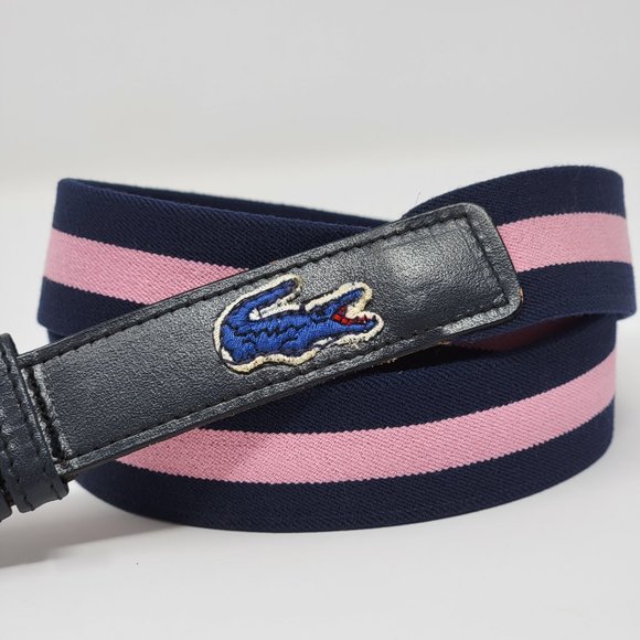 Vintage Lacoste Alligator Navy Blue and Pink Stripe Elastic Leather Belt - Picture 3 of 12